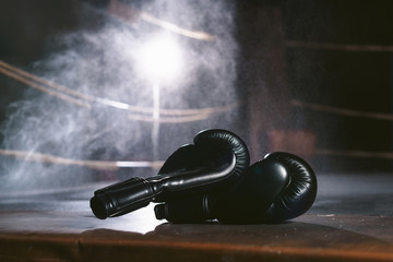 A pair of black boxing gloves on the ring