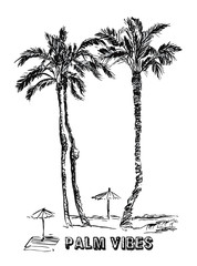 Illustration Palms at the Ocean Black and White Etching, Palm Vibes Vacation at the Beach, Textile print Composition, Black and White Engraving Tropics