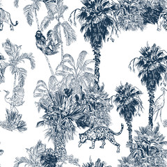 Groups of Palms with Animals and Exotic Birds Engraving Drawing, Leopard, Sloth Cranes Wildlife in Jungle, Tropics Seamless Pattern, Tropical Toile Vintage Lithorgraphy 