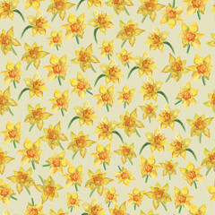 Watercolor seamless pattern of yellow daffodils on yellow background.