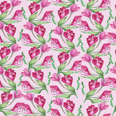 Seamless pattern with watercolor pink flowers.
