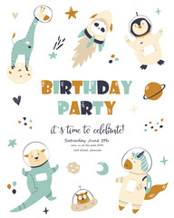 Birthday invitation cosmic card with cute animals