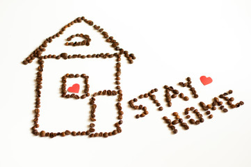 a painted house and the stay home sign with coffee beans on a white background