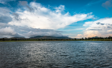 beautiful lake with mountain and amazing sky background