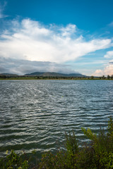 beautiful lake with mountain and amazing sky background