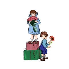 Girl in blue dresses with a bouquet of tulips standing on boxes gifts. Boy with flower. Hand drawn happy children. 