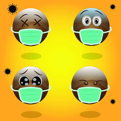 Set of 4 black emoticons wearing a medical mask during Coronavirus pandemic. Vector illustration. Angry, afraid, sad, surprised faces.