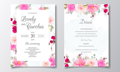 Wedding invitation card template set with beautiful floral leaves