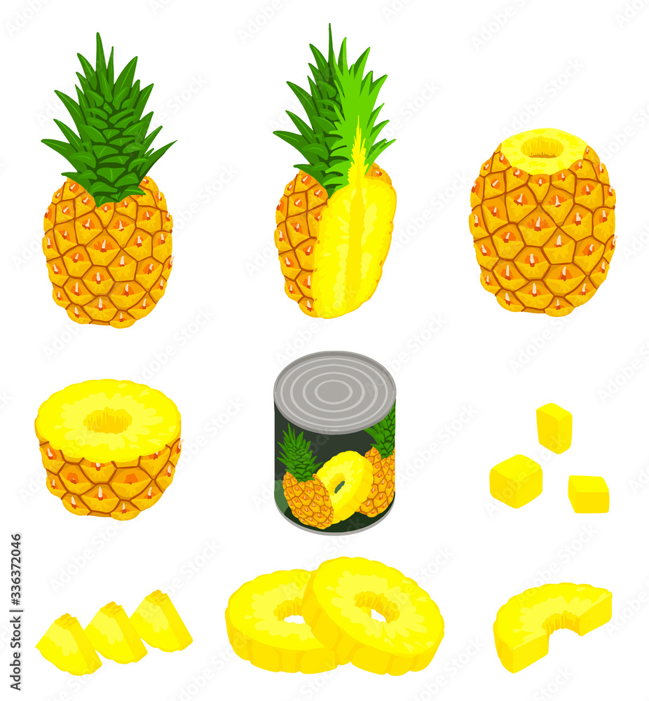 Poster pineapple icons set. isometric set of pineapple vector icons for web design isolated on white backgr