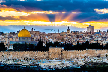 Dome of the Rock and the Golden Gate at sunset, Jerusalem Israel