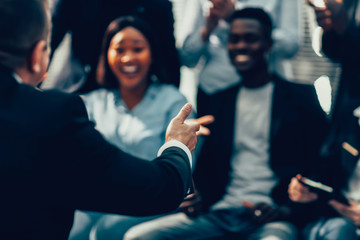 close up. the speaker when making a speech for young entreprene
