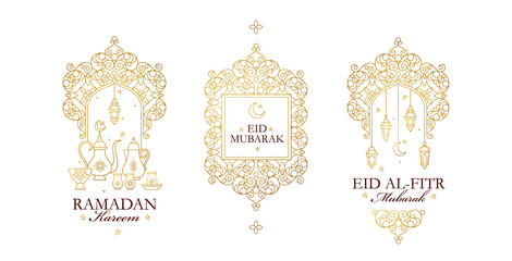 Vector set Ramadan Kareem, Eid Mubarak, Eid al-Fitr Mubarak greeting card. Ramadan wishing.