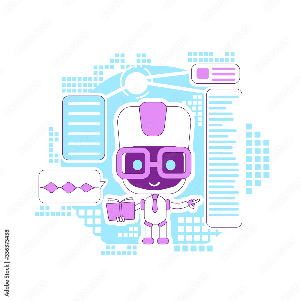 Poster learning assistant, informational bot thin line concept vector illustration. online support robot gi