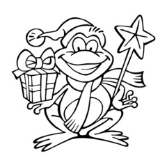 Frog with Santa hat and scarf holding magic wand and christmas gift in hand and laughing, black and white cartoon