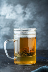 green tea large leaf freshly brewed
(aromatic drink) menu concept background. top view. copy space for text