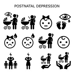 Postnatal depression, postpartum depression vector icon set - new mothers mental health concept, women with newborn baby experiencing baby blues
