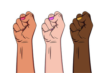 raised female fist hand. Girl Power. People protest and fight for their rights. Concept of revolution or protest. symbol of victory, strength, power and solidarity. Isolated vector illustartion. 