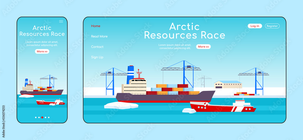 Poster arctic resources race adaptive landing page flat color vector template. polar shipyard mobile and pc