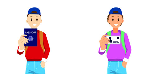 young man holding up a passport, id card or driver license. Age confirmation. A guy proves his purchase  age with a passport. Isolated vector illustration of teenager on white background