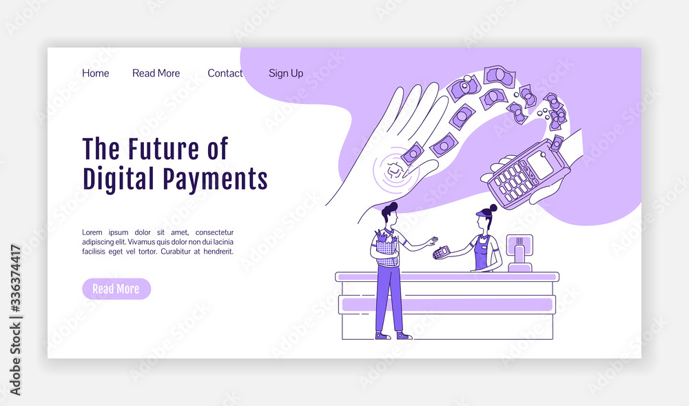 Poster digital payments landing page flat silhouette vector template. payment chip homepage layout. nfc dev