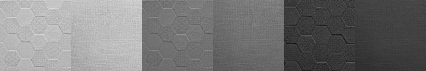 Set of monochrome ceramic tiles for wall and floor decoration with geometric pattern. Concrete stone surface background. Black and gray stucco solid texture for interior design project. 