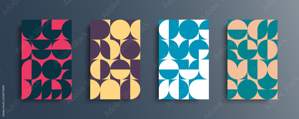 Fototapete Set of abstract geometric pattern design in Scandinavian style with simple shapes. Minimalistic covers templates collection for brochures, posters, banners, flyers and cards. Vector illustration. 