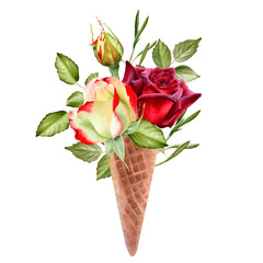 Watercolor ice cream in waffle cone with roses flowers. Summer illustration for print and  greeting card.