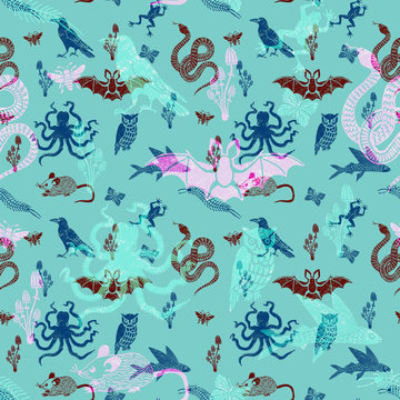 Seamless pattern with animals and insects illustration for halloween