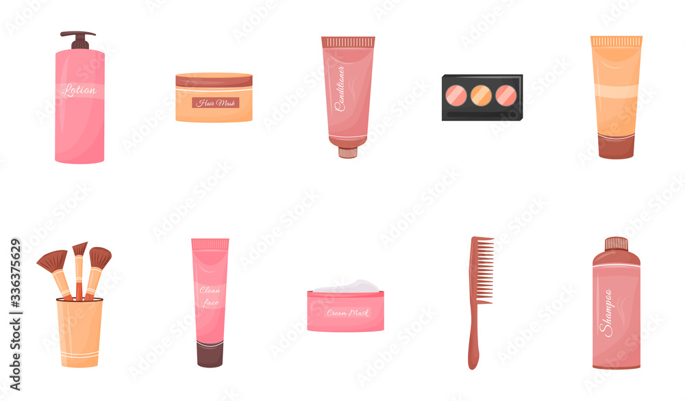 Poster cosmetics containers flat color vector objects set. hair shampoo and conditioner. face lotion and cr