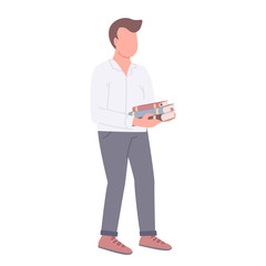 Guy holding books flat color vector faceless character. College student, library visitor, bookstore customer isolated cartoon illustration for web graphic design and animation. Young reader, bookworm