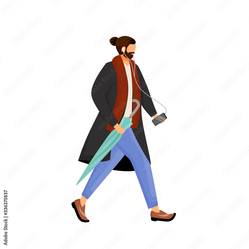 Poster man with beard in coat flat color vector faceless character. male hipster with beard walk with umbre