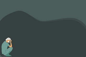 Vector - Doctor wear mask, face shield and green uniform sitting on floor. Feel tired, dissatisfied, sadness. Copy space for any text design. Health care concept.