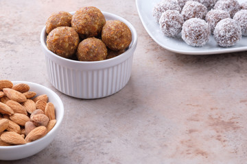 Homemade raw chocolate and lemon energy balls with copy space. Healthy vegan and vegetarian food