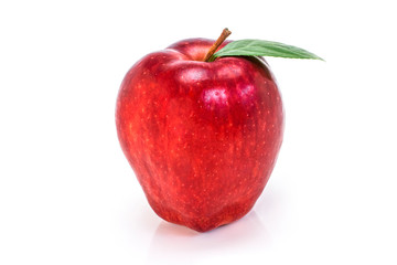 Closeup red washington apple fruit  with green leaf isolated on white background . 
