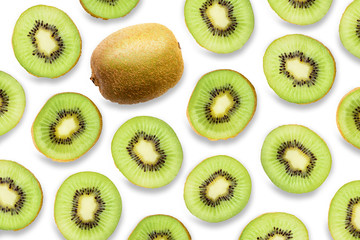 Fototapeta premium Fresh organic ripe whole kiwi fruit and slices isolated on white background. 