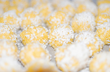 round candy homemade of corn sticks sprinkle coconut