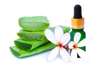 Closeup slices of aloe vera and bottle of aloevera gel with frangipani flower isolated on white background. Beauty and spa concept. 