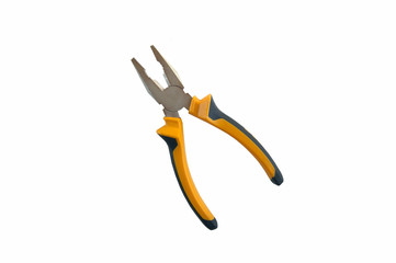 One new metal pliers with rubber handles black and yellow color.