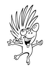Hedgehog with giant spikes is cheerful and dancing, bigger is better, black and white cartoon