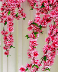 Branches with pink sakura flowers and green leaves artificial on a white marble background. Instagram vertical frame