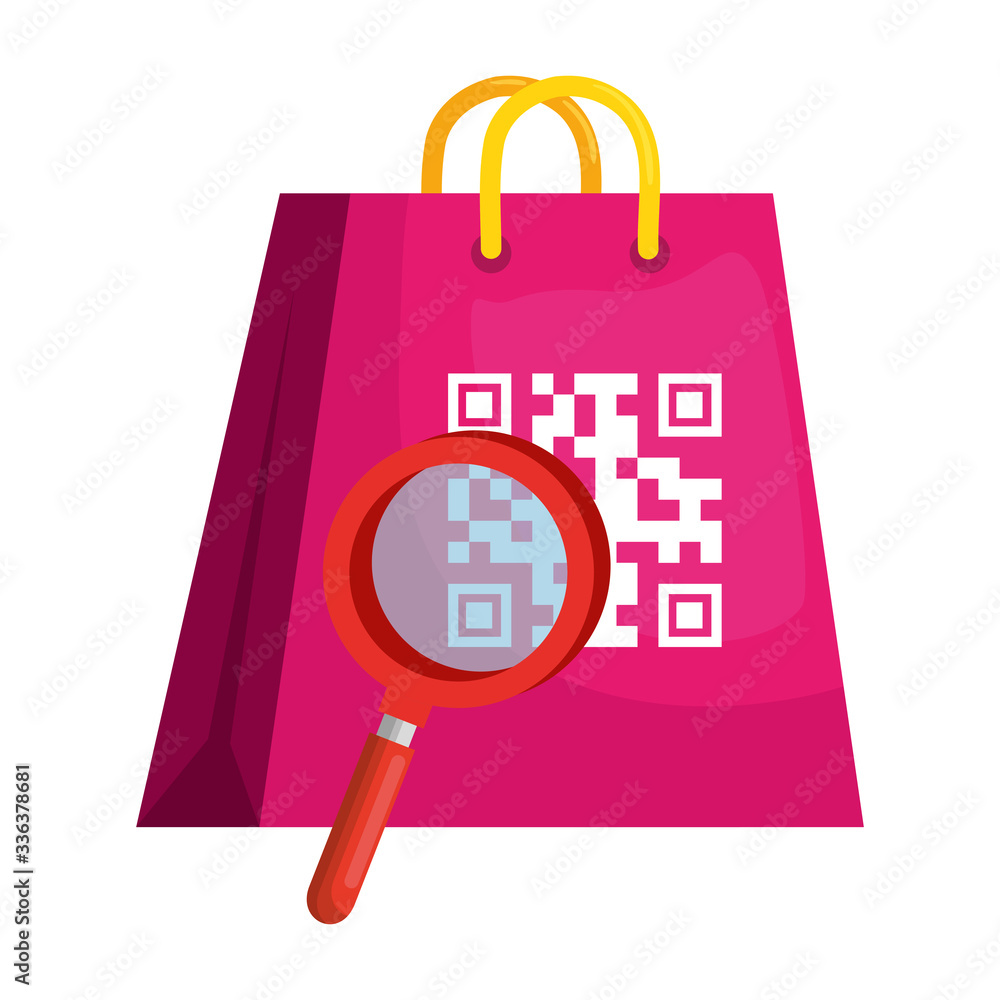 Poster qr code over bag and lupe design of technology scan information business price communication barcode
