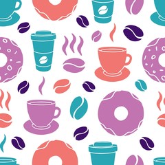 Obraz premium Seamless vector pattern with takeaway coffee, tea, cappuccino, espresso, latte, donut, coffee beans. The flat pattern for a cafe, coffee shop, coffeehouse, bakery, pastry shop, confectionery