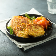 Homemade potato latkes with smoked salmon