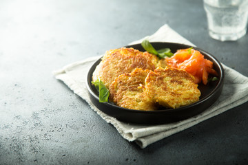 Homemade potato latkes with smoked salmon