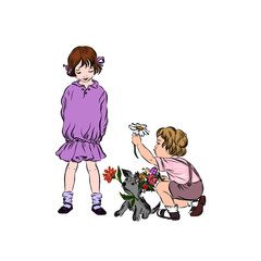Boy gives flowers to shy girl. Happy children relationship. Lovers couple. Vintage kids. 