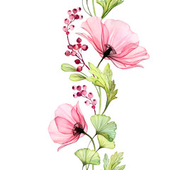 Watercolor Poppy seamless border. Vertical repetitive pattern. Big pink flower with leaves and berries isolated on white. Botanical illustration for cards, wedding design