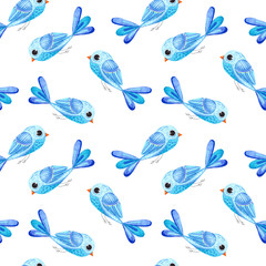 Seamless pattern with blue birds, watercolor painting. Children's design. Watercolor illustration in Scandinavian style for t-shirts, fabrics, stickers, packaging paper