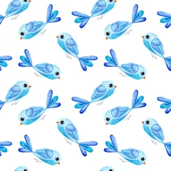 Stof per meter Vlinders Naadloze patroon met blauwe vogels, aquarel schilderen. Ontwerp voor kinderen. Aquarelillustratie in Scandinavische stijl voor t-shirts, stoffen, stickers, verpakkingspapier