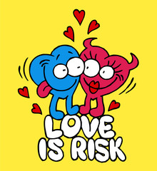 love hearts are hugging, hearts with devilish horns, love is risk, valentine's day theme, color cartoon on yellow background