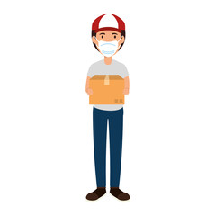 delivery worker using face mask with box carton vector illustration design